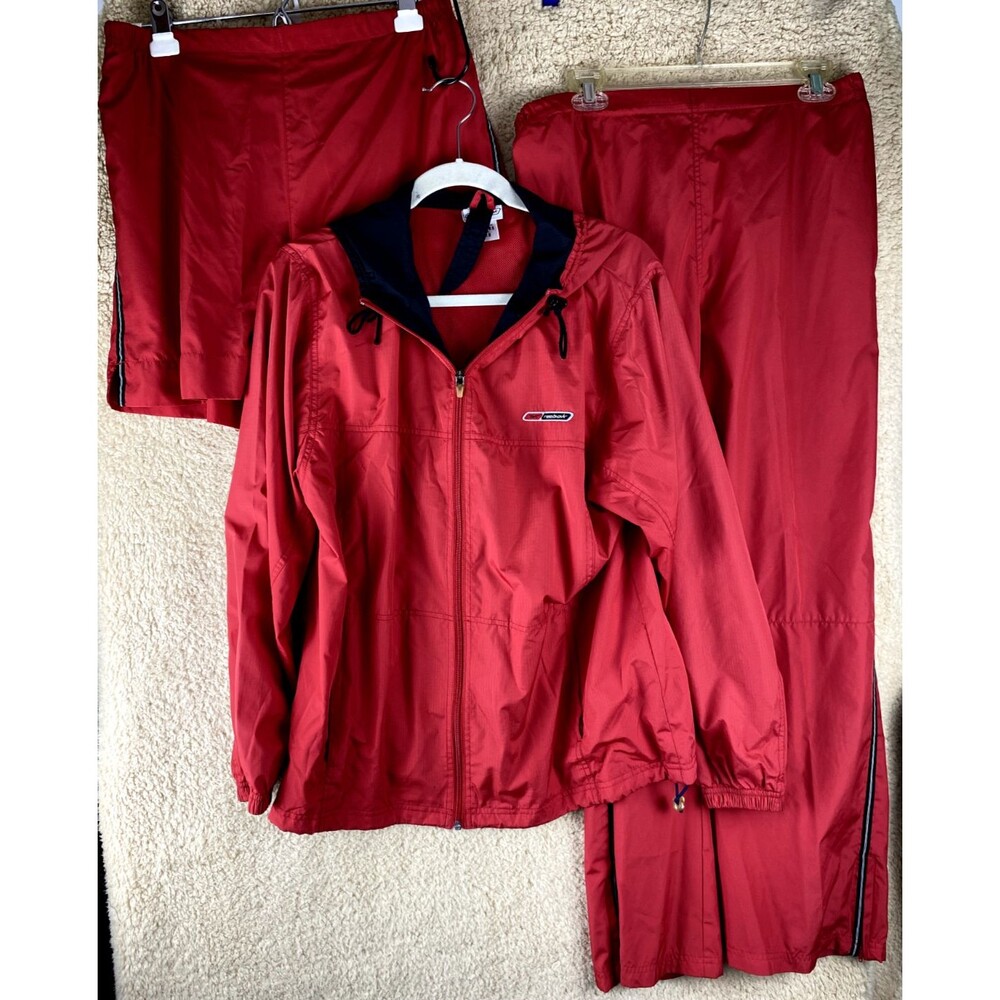 Vintage Retro Reebok Women’s Sz L  3 Pc Red Track Suit Jacket Pants Shorts Set